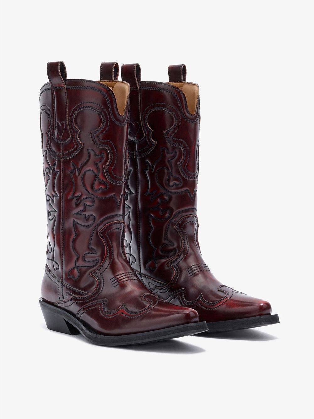 Ganni Mid Shaft Embroidered Western Boots Burgundy